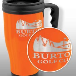 engraved logo close up image Commuter Travel Mug with custom logo by Publicity Promotional Products