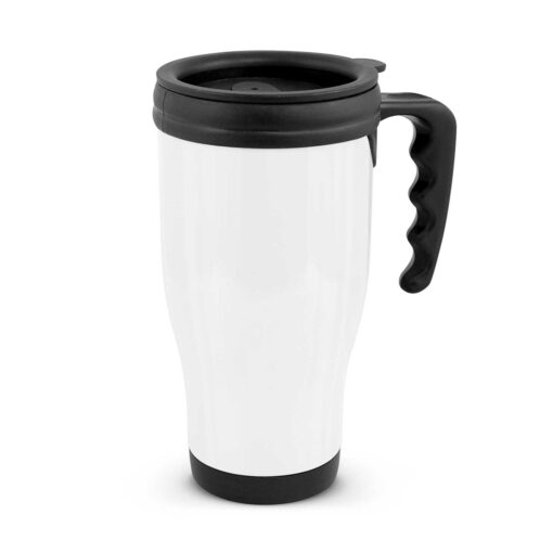 White Commuter Travel Mug with custom logo by Publicity Promotional Products