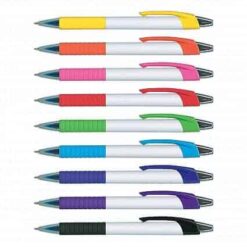 Cleo White Plastic Pen with colour grip custom logo supplier Publicity Promotional Products