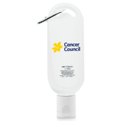 SPF 50 dry touch Customisable Sunscreen in a squeezable tube with a carabiner