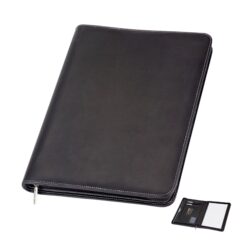 A4 Imitation Leather Zip Compendium with silver detail stitching custom branded by Publicity Promotional Products