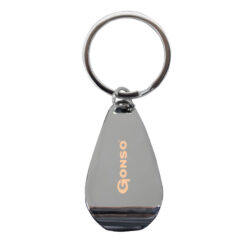 Silver teardrop-shaped metal keychain with black "advance" branding and a large keyring.