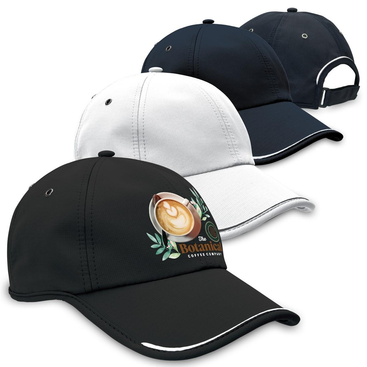 Lightweight sports cap in black white or navy Velcro closure adjustable strap publicity Promotional Products supplier.
