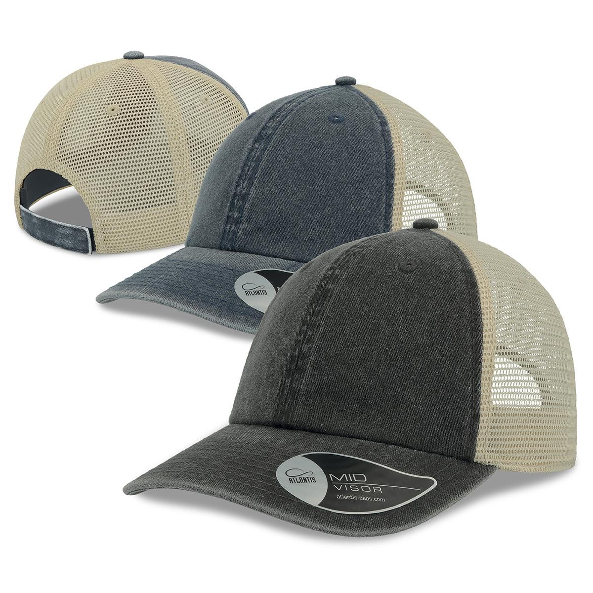 black and navy with cream natural mesh A2100 case trucker Atlantis Headwear Publicity Promotional Products