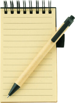 Note book - Pocket size A6 made from recycled paper and matching pen ECO FRIENDLY PAPER SUPPPLIER Publicity Promotional Products