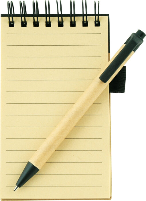 Note book - Pocket size A6 made from recycled paper and matching pen ECO FRIENDLY PAPER SUPPPLIER Publicity Promotional Products