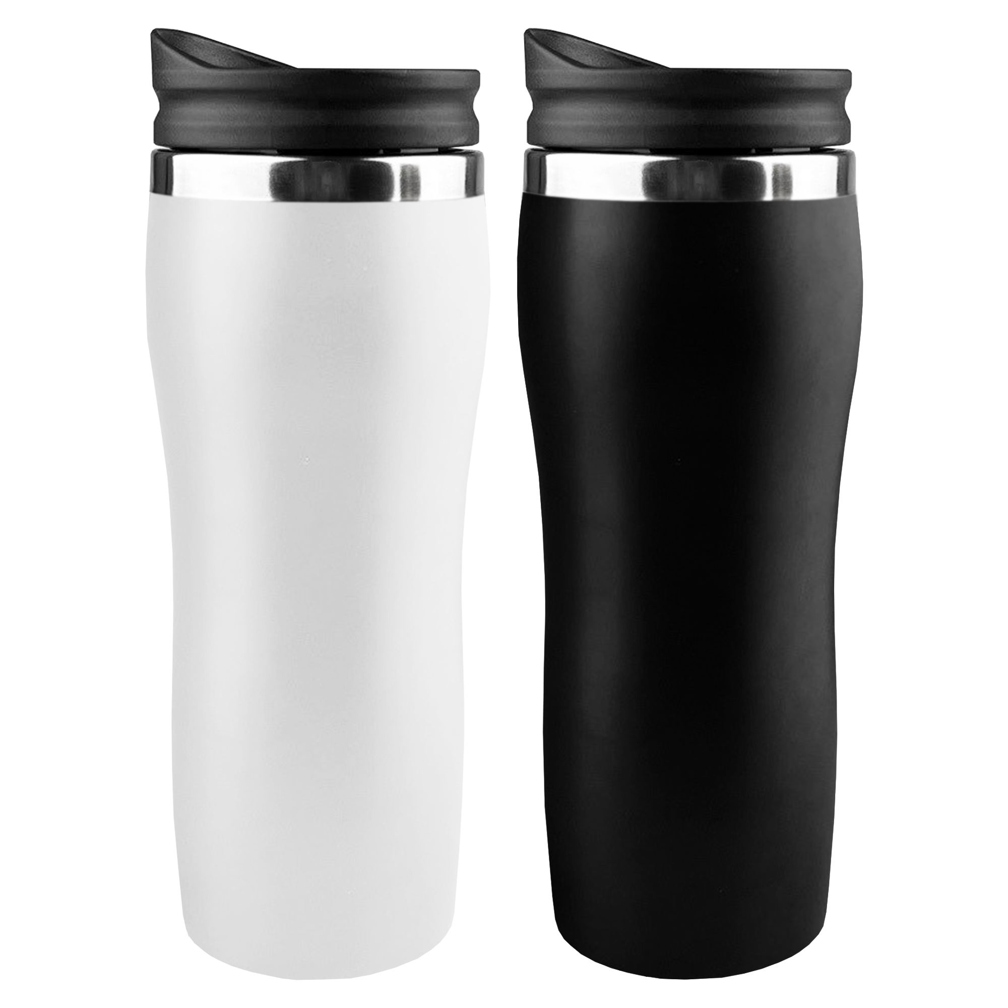 white and black travel mug 375ml black lid silver accents