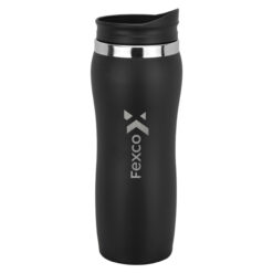 Close-up of a matte black travel mug with an ergonomic curve