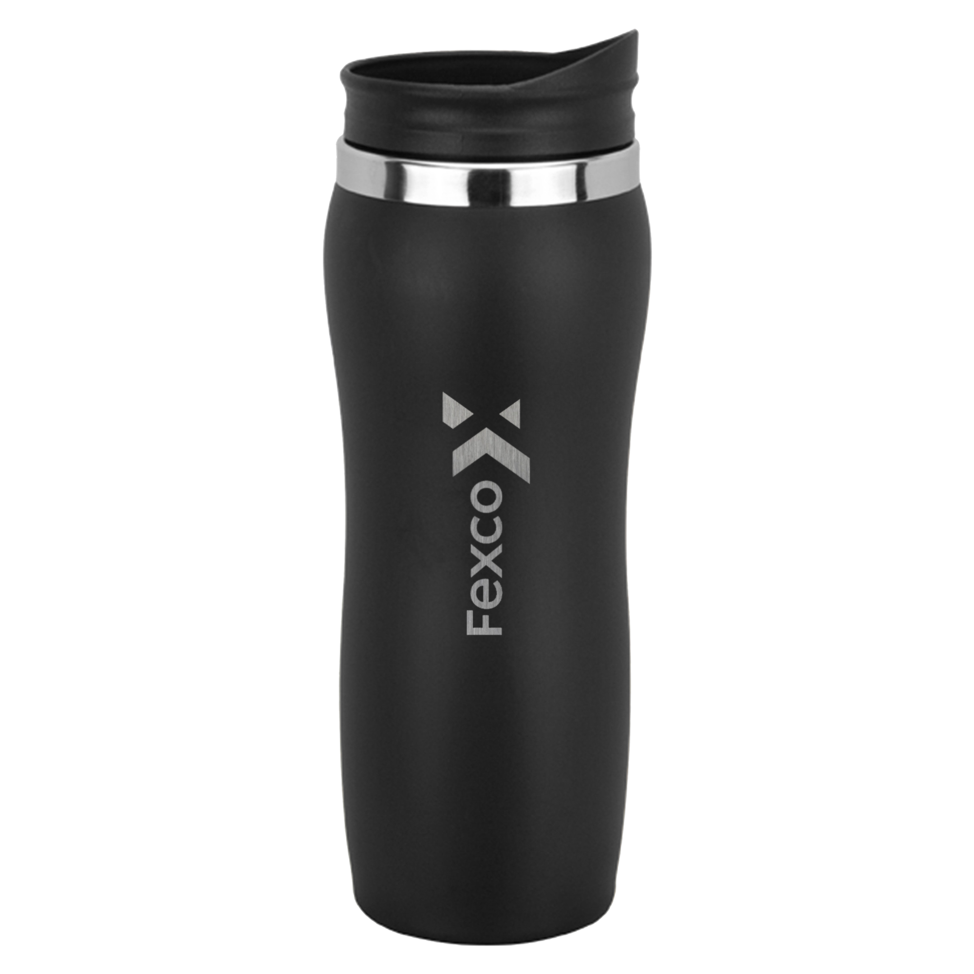 Close-up of a matte black travel mug with an ergonomic curve
