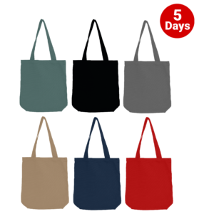 Thick canvas with custom branded logo, choose from 6 colour sage green, black, charcoal, natural, navy or red. Transfer digital full colour printing or 1 colour screen prints for cheap promotional canvas bags