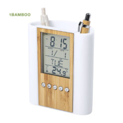 PEN CADDY WITH CLOCK AND TEMPERATURE BAMBOO FRONT