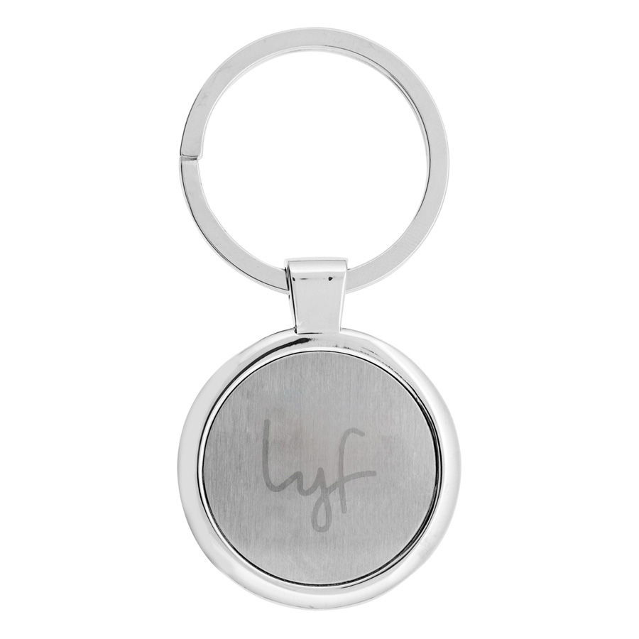 custom keyrings circular matte/frosted metal design with polished chrome metal accents