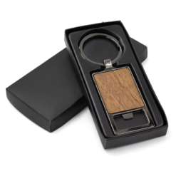 Gunmetal grey bottle and wood plate keyring in black gift box
