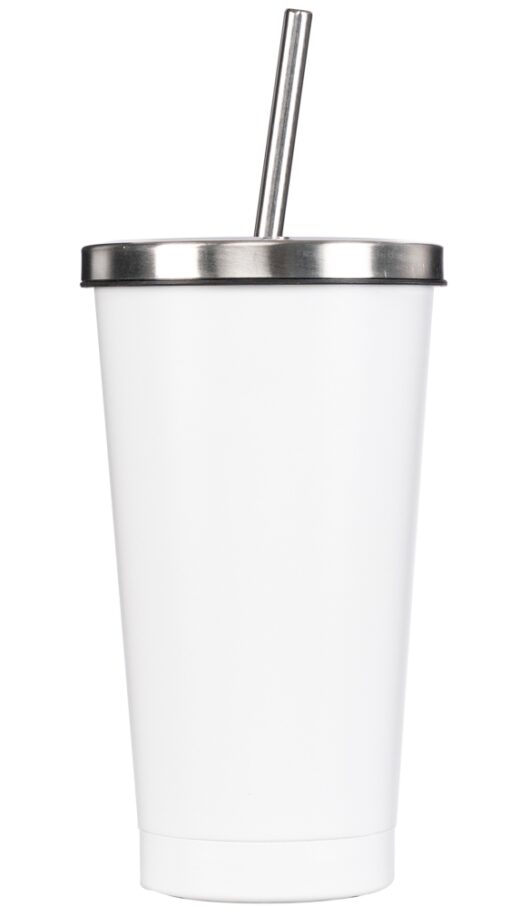 White cups with lids and straws