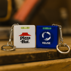min white and blue tape measure level key rings with pizza hut logo