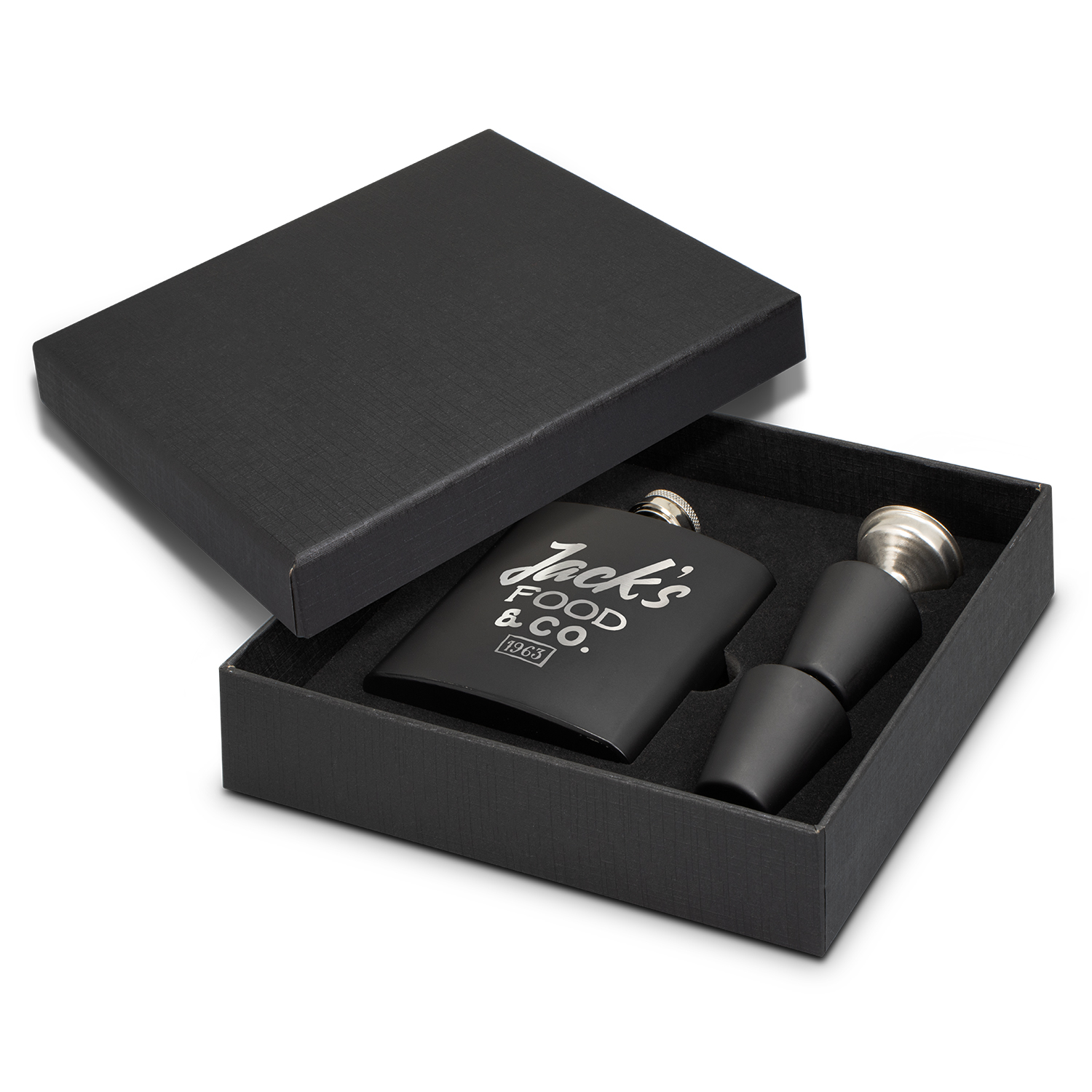 Hip flask and two shot glasses matte black finish gift boxed