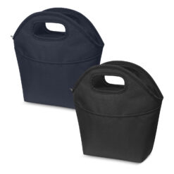 blue and black lunch size fabric cooler bag with handle and zip