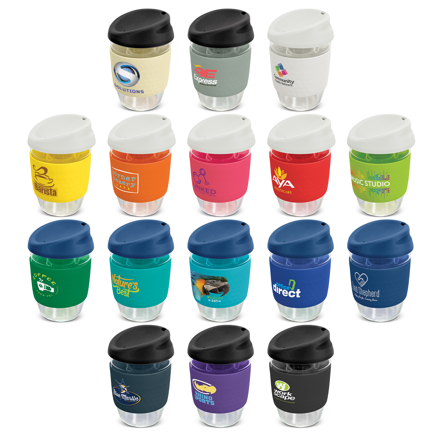 350ml reusable borosilicate glass coffee cup with a secure push on silicone lid