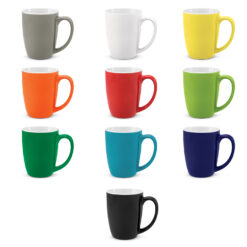 330ml single wall stoneware coffee mug Grey white yellow orange red green bright green light blue dark blue black white inner