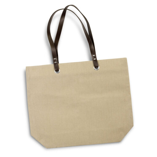 15L tote bag which is manufactured from 250gsm natural linen brown leatherette handles customisable logo custom Promotional Products & Merchandise, Promotional Products Supplier Australia custom