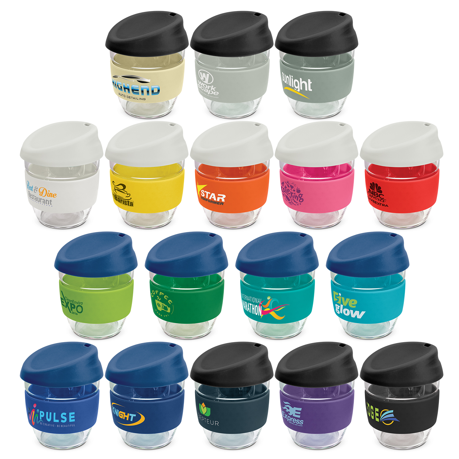 250ml reusable borosilicate glass coffee cup with a secure push on silicone lid