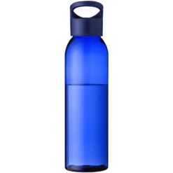 Translucent blue bottle with a circular handle integrated into the lid.