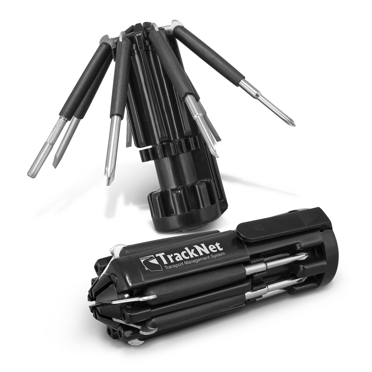 black compact multi-tool seven tools that flip out for use