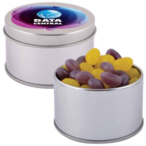 Logo Printed Corporate Colour Mini Jelly Beans in Silver Round Tin Publicity Promotional Products
