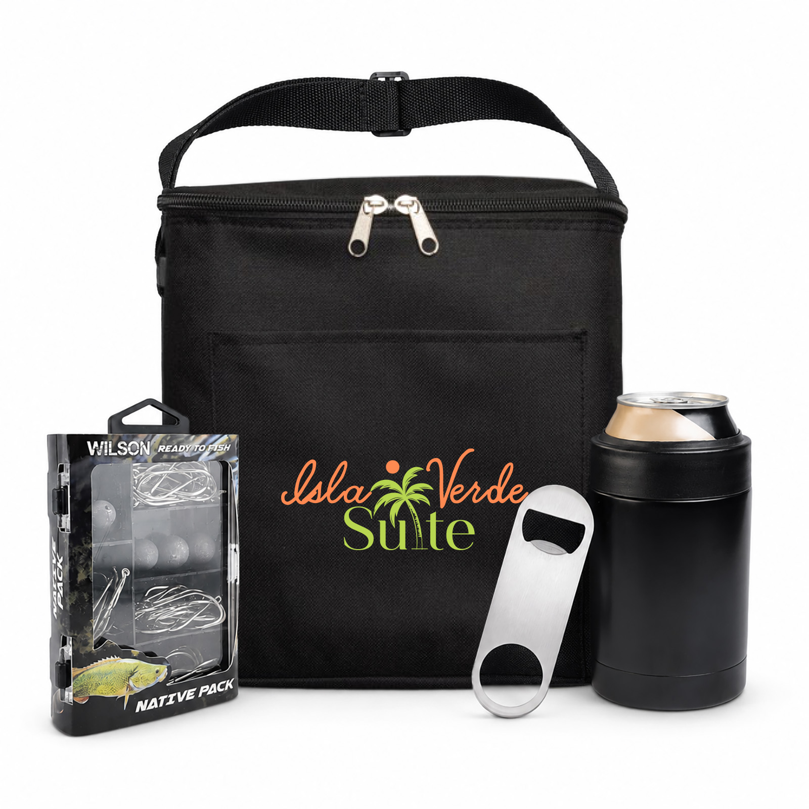 Gift set, cooler bag, bottle opener, stubby cooler, fishing tackle