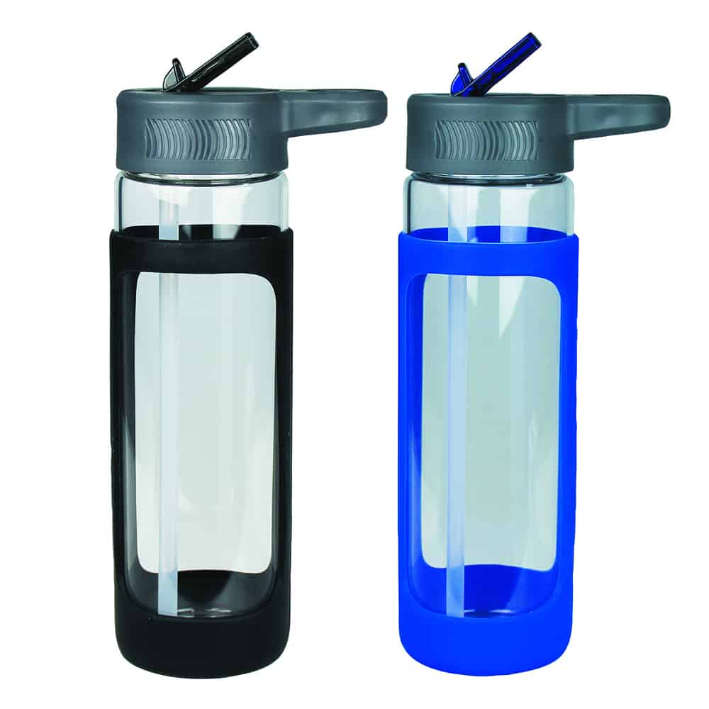 black and blue single walled glass sports bottle comes with an outer silicone sleeve for protection