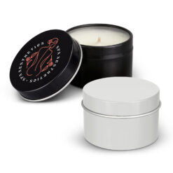 Vanilla scented candle in white or black tin with custom printed logo