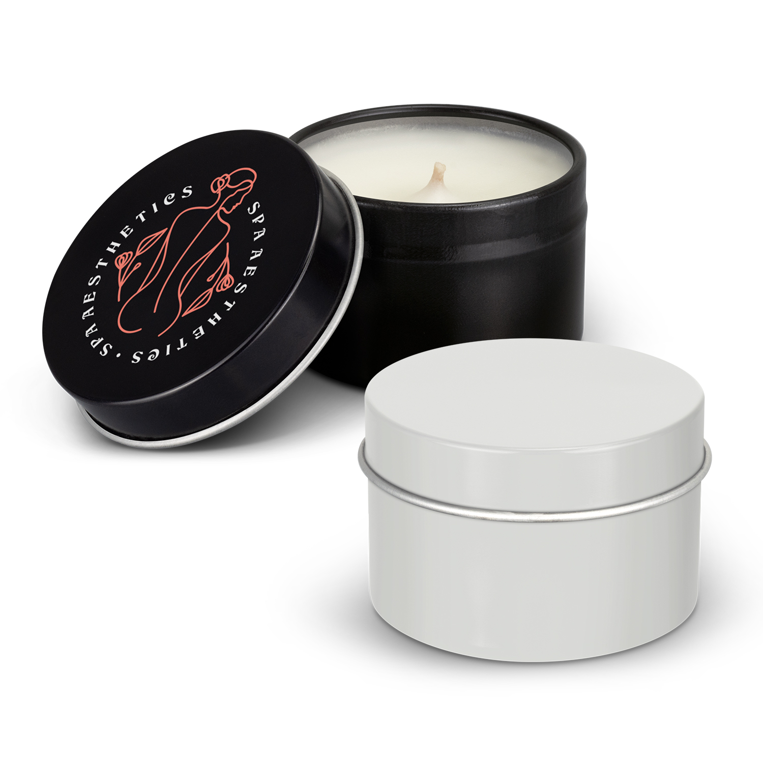 Vanilla scented candle in white or black tin with custom printed logo