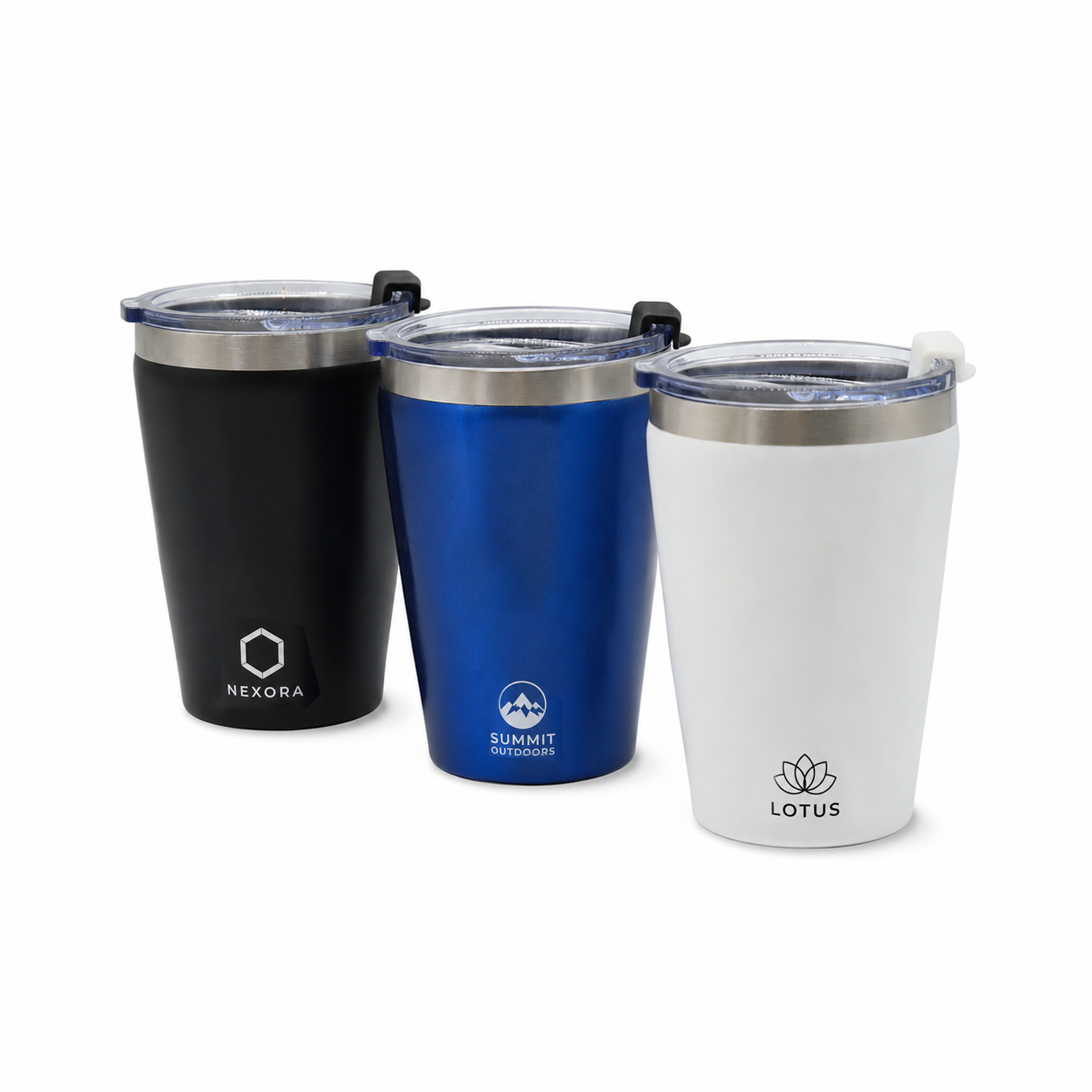 recycled stainless steel travel tumbler black blue white