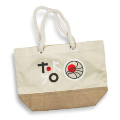 Premium Gifting bags with customised logo 25L leisure tote bag made from durable 300gsm cotton canvas with a hard-wearing 290gsm natural jute gusset for added strength