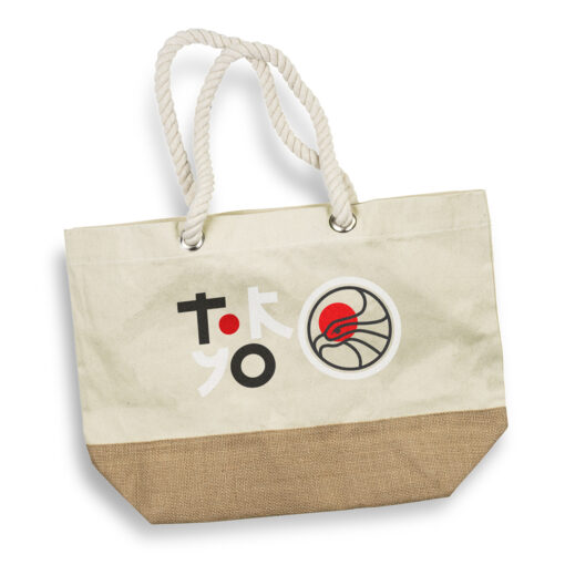 Premium Gifting bags with customised logo 25L leisure tote bag made from durable 300gsm cotton canvas with a hard-wearing 290gsm natural jute gusset for added strength
