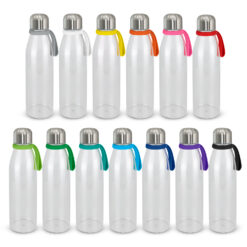 Customisable glass bottle with silicone handle strap