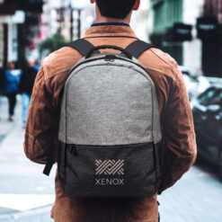 dark grey and light grey backpack with custom logo printing