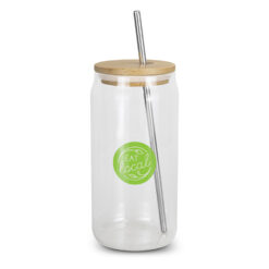borosilicate glass cup with metal straw wood lid