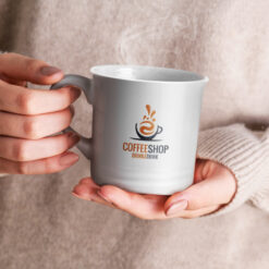 Coffee mug 400 ml with custom logo in hands