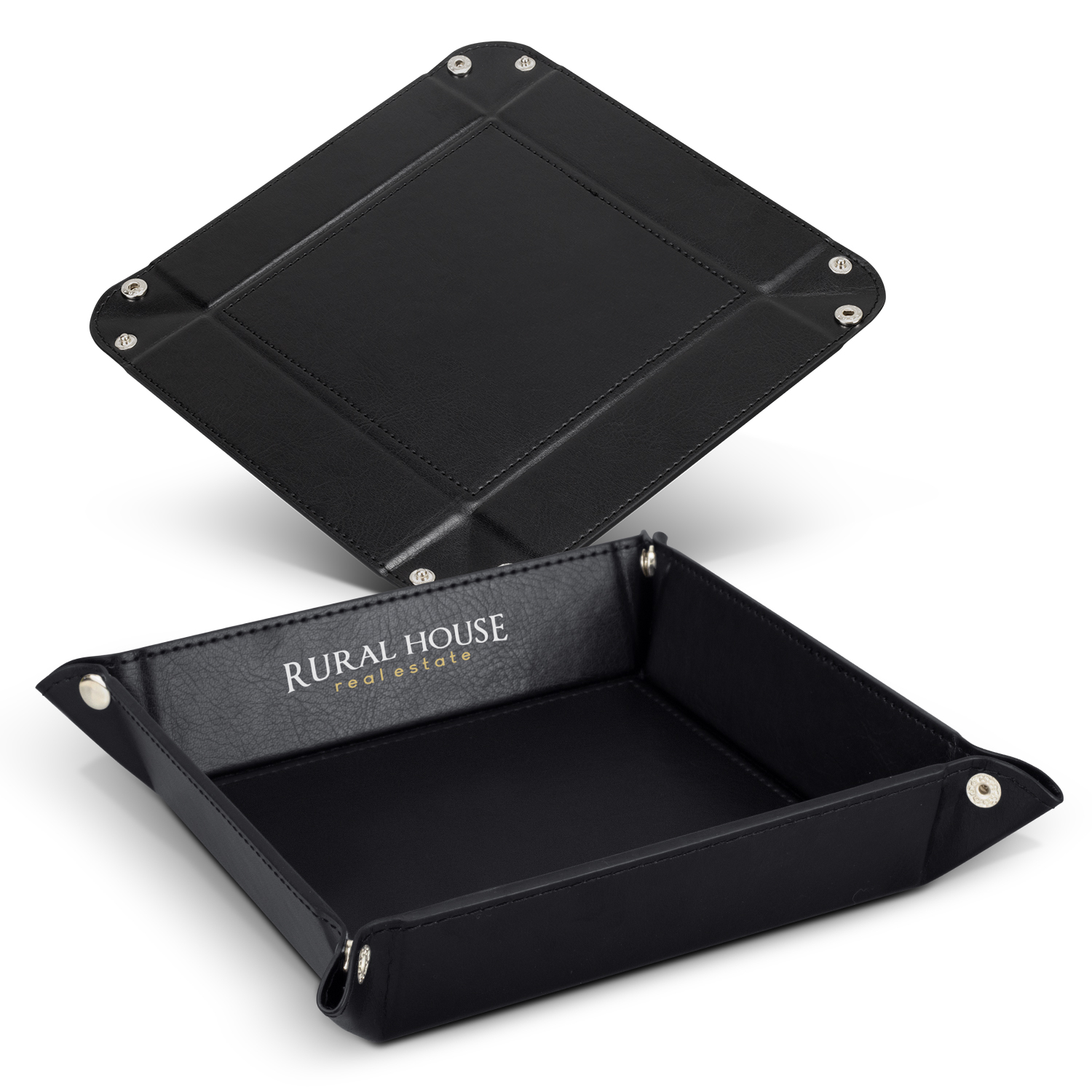 Black trinket caddy tray with custom printed logo