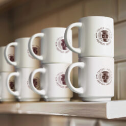 Stacked white ceramic mug with custom logo