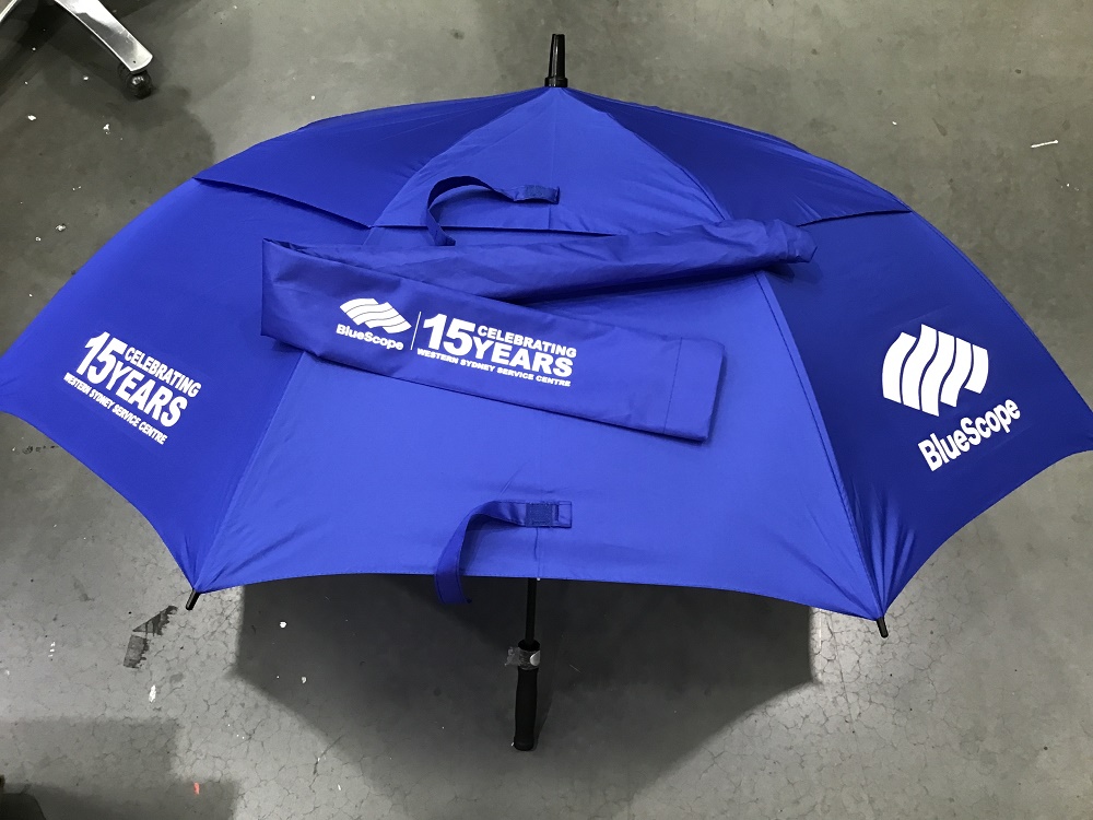 Blue branded pop-up shelter with printed logo