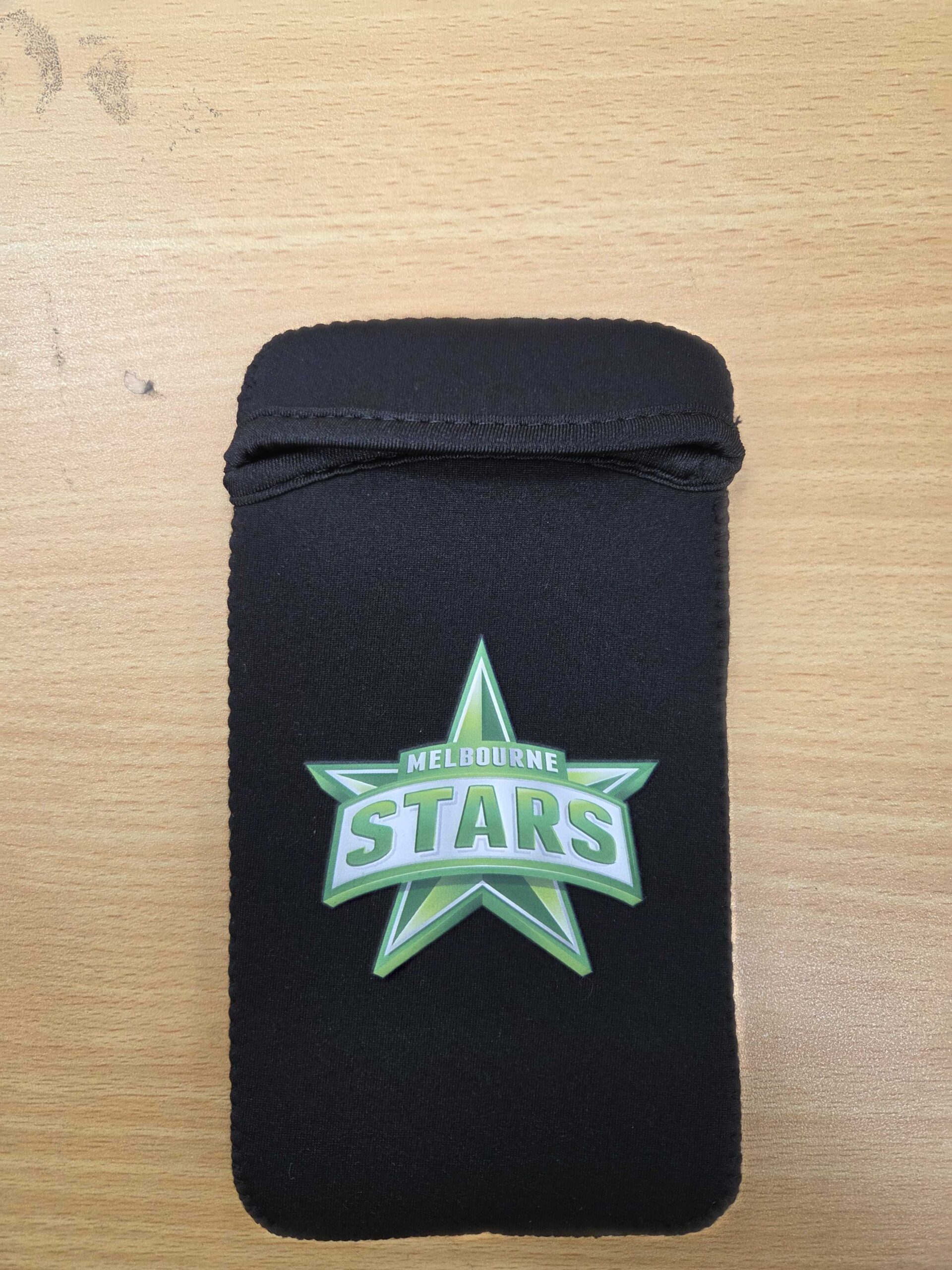 Black neoprene bottle sleeve with green Stars logo