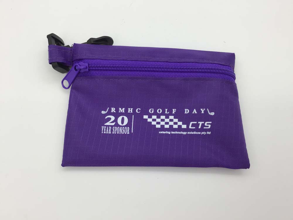 Purple promotional zippered pouch bag with logo