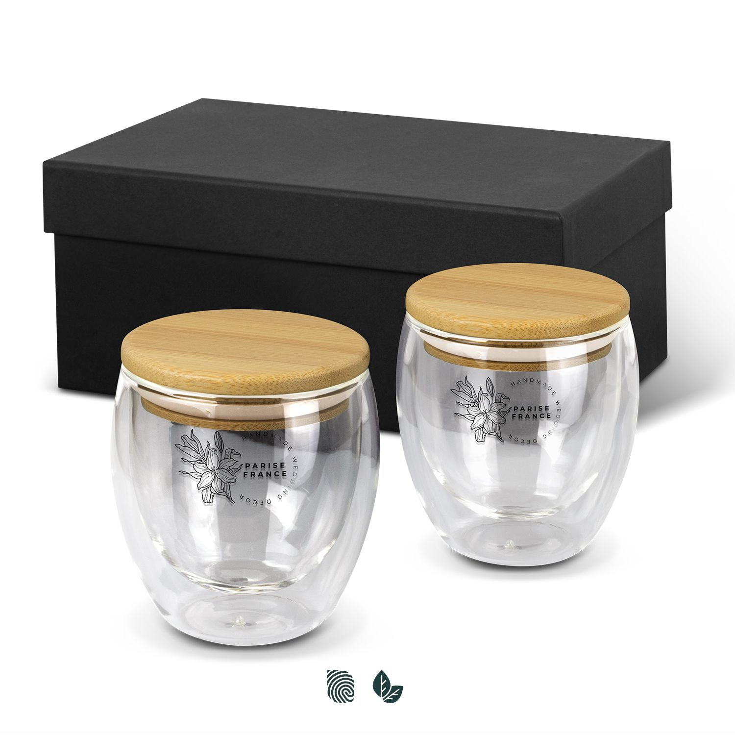 small double wall, shatter-resistant borosilicate glass in gift box with bamboo lids