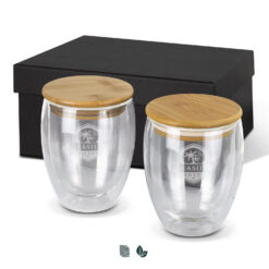 double wall, shatter-resistant borosilicate glass in box with bamboo lids