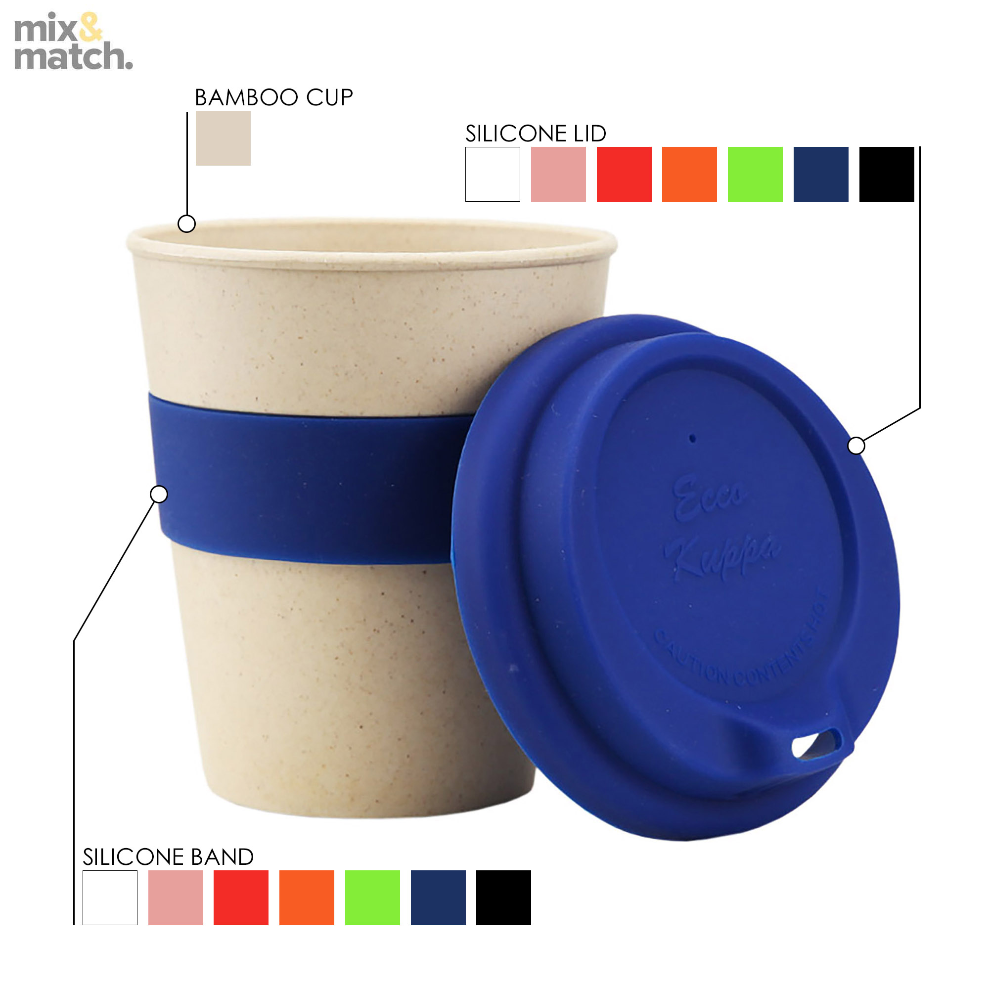 Mix and Match travel 8oz Cup: Natural Lid/Band: Black | White | Red (032c) | Navy Blue (7686c) | Orange (1645c) | Green (7487c) | Pink (700c)