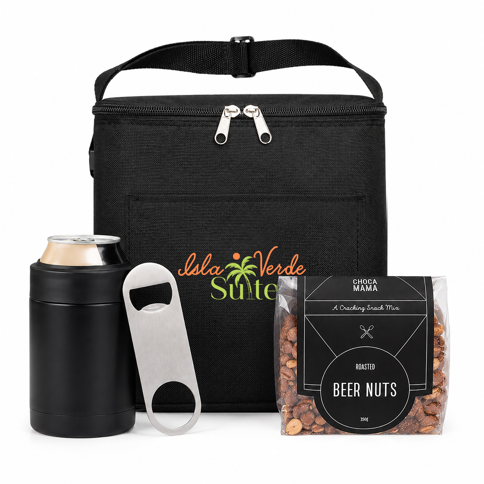 Cooler bag bottle opener, beer nuts, and stubby cooler can holder, gift set