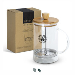 glass and wood handle coffee plunger with custom branded logo