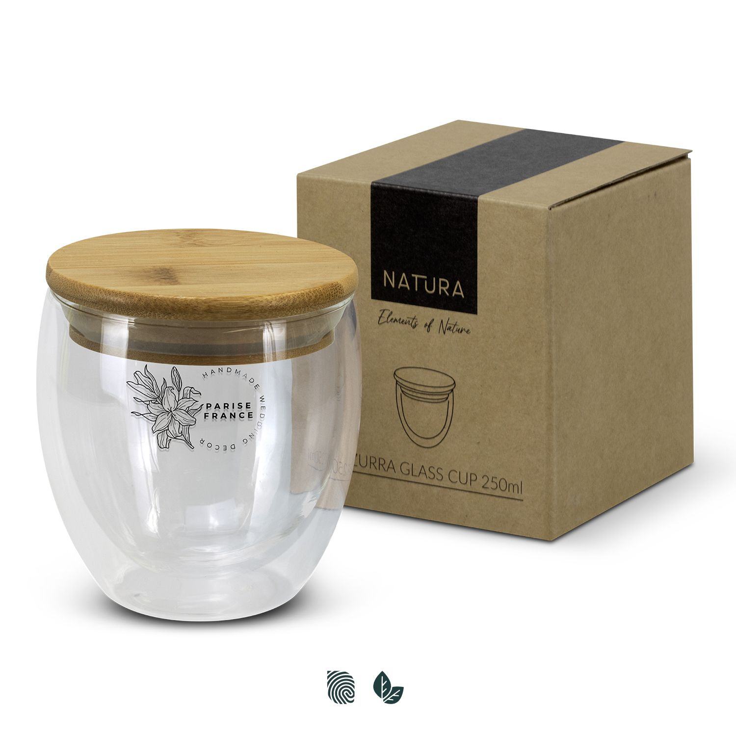 Double Wall 250ml glass cup with bamboo lid